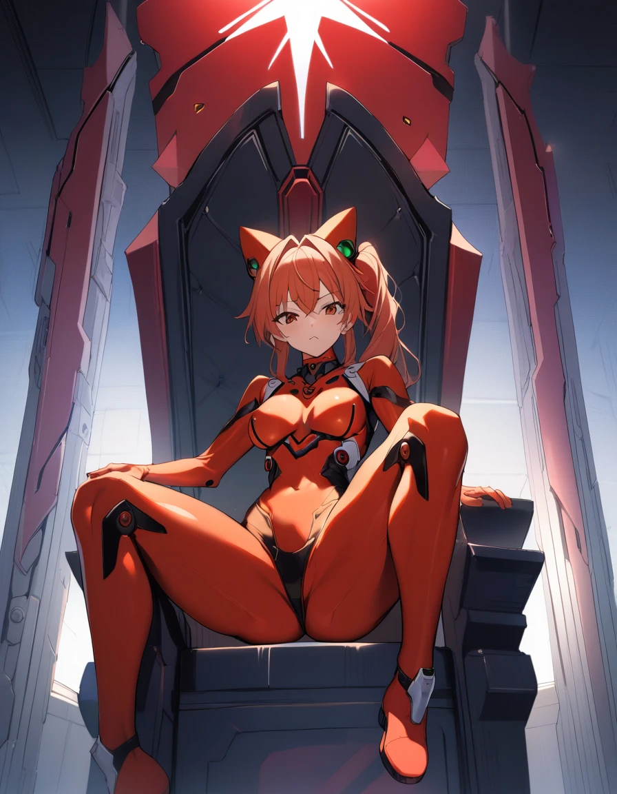 1 girl, Suryu Asuka Langley, Neon Genesis Evangelion, Evangelion rebuild, spear of Longinus, cat hat, overalls, pilot suit, Red bodysuit, sitting, spread legs, throne, Looking down, from below, I look at the viewer, on open air, masterpiece, Best quality, very aesthetic, absurdity, Beautiful breasts are visible