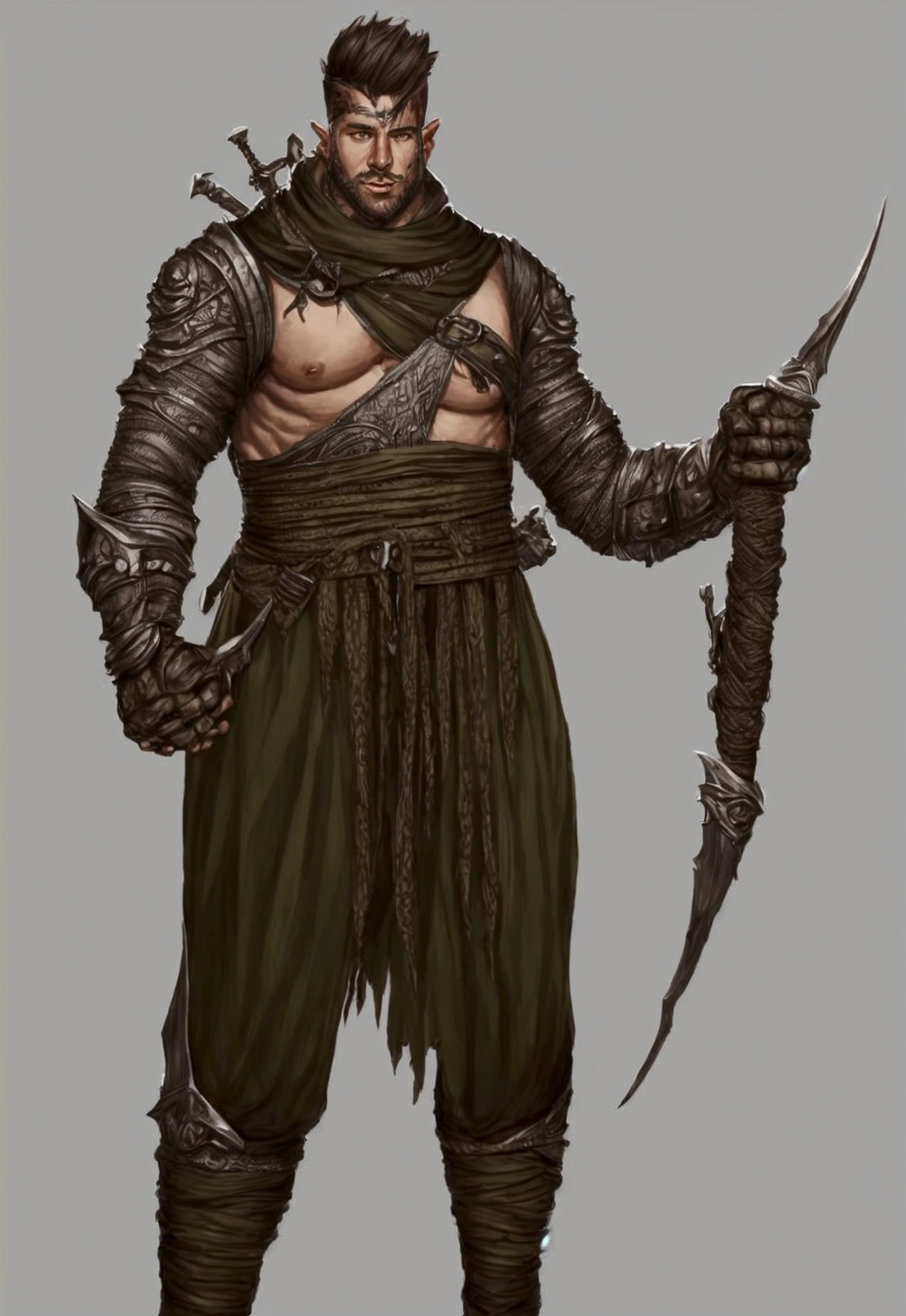 Anthro male black lizardman resting large two handed sword over his shoulder, posing, solo, cocky expression, masterpiece, best art, full body, by taran fiddler, detailed eyes, detailed body, claws, tall, topless, pecs, abs, nipples, pauldrons, armored pants, bandolier,