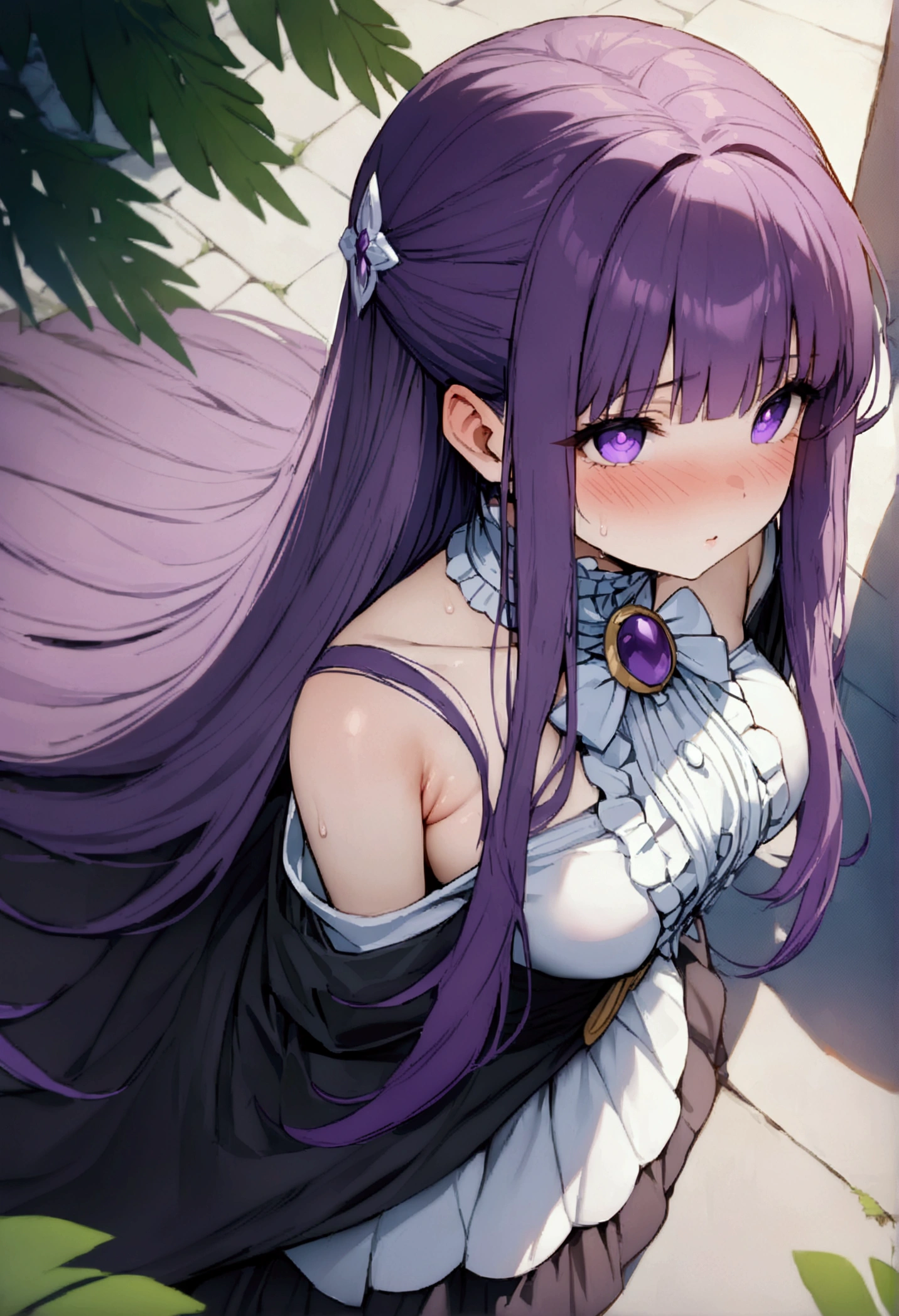 NSFW,masterpiece,Highest quality,High resolution,Super detailed,Fern\(Funeral of Frieren\),Purple eyes,Purple Hair,Long Hair,Fantasy,(Magical girl),Frill dress,Off the shoulder,mini skirt,brooch,gem,blush,bustling street,From above