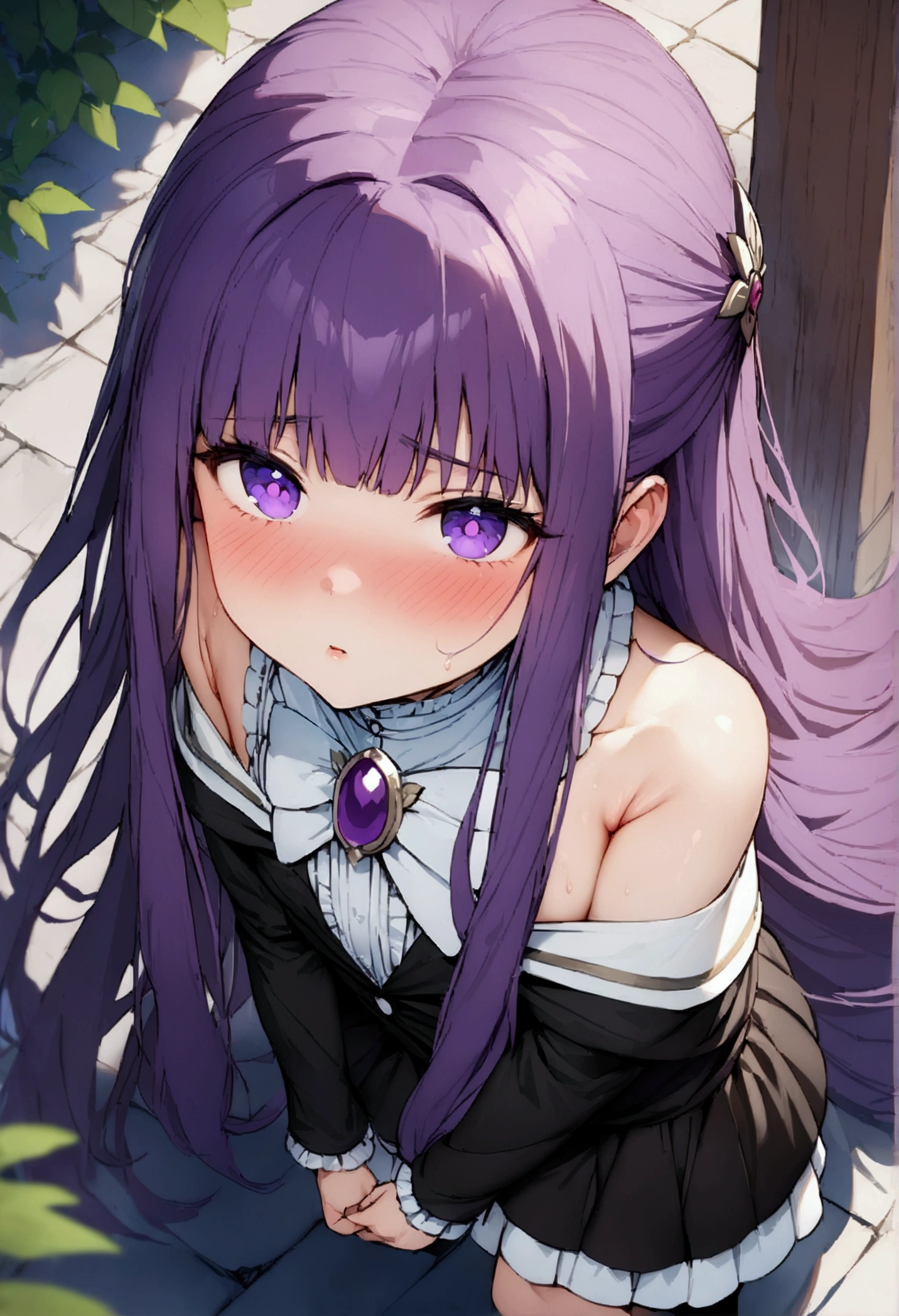 NSFW,masterpiece,Highest quality,High resolution,Super detailed,Fern\(Funeral of Frieren\),Purple eyes,Purple Hair,Long Hair,Fantasy,(Magical girl),Frill dress,Off the shoulder,mini skirt,brooch,gem,blush,bustling street,From above