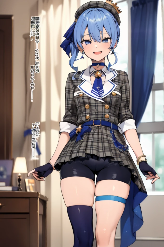 1girl, solo, detailed face,SuiseiBase, plaid beret, crown, blue star choker, star earrings, blue ascot, plaid jacket, plaid skirt, layered skirt, partially fingerless gloves, star bracelet, uneven legwear, thigh strap,(bike shorts),looking viewer,smile,small breasts,standing,indoor