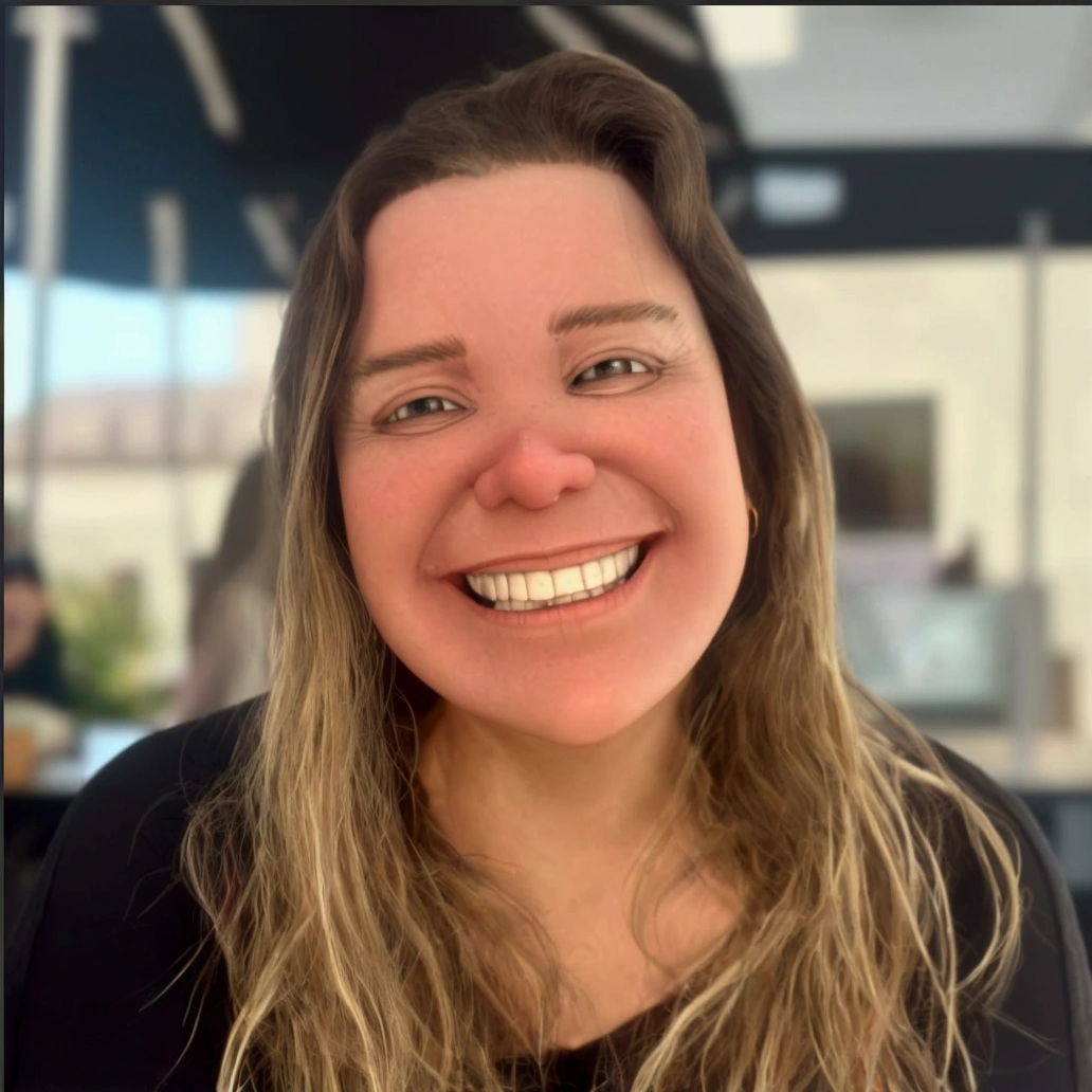 Cartoon style woman, pixar, a wide, warm smile. She has long, blonde hair, that fall softly on your shoulders. She is wearing a black long-sleeved blouse. The woman is in an outdoor environment, probably in a cafe or restaurant, with a relaxed and illuminated atmosphere in the background. Her expression is one of joy and happiness, transmitting a feeling of well-being and positivity.