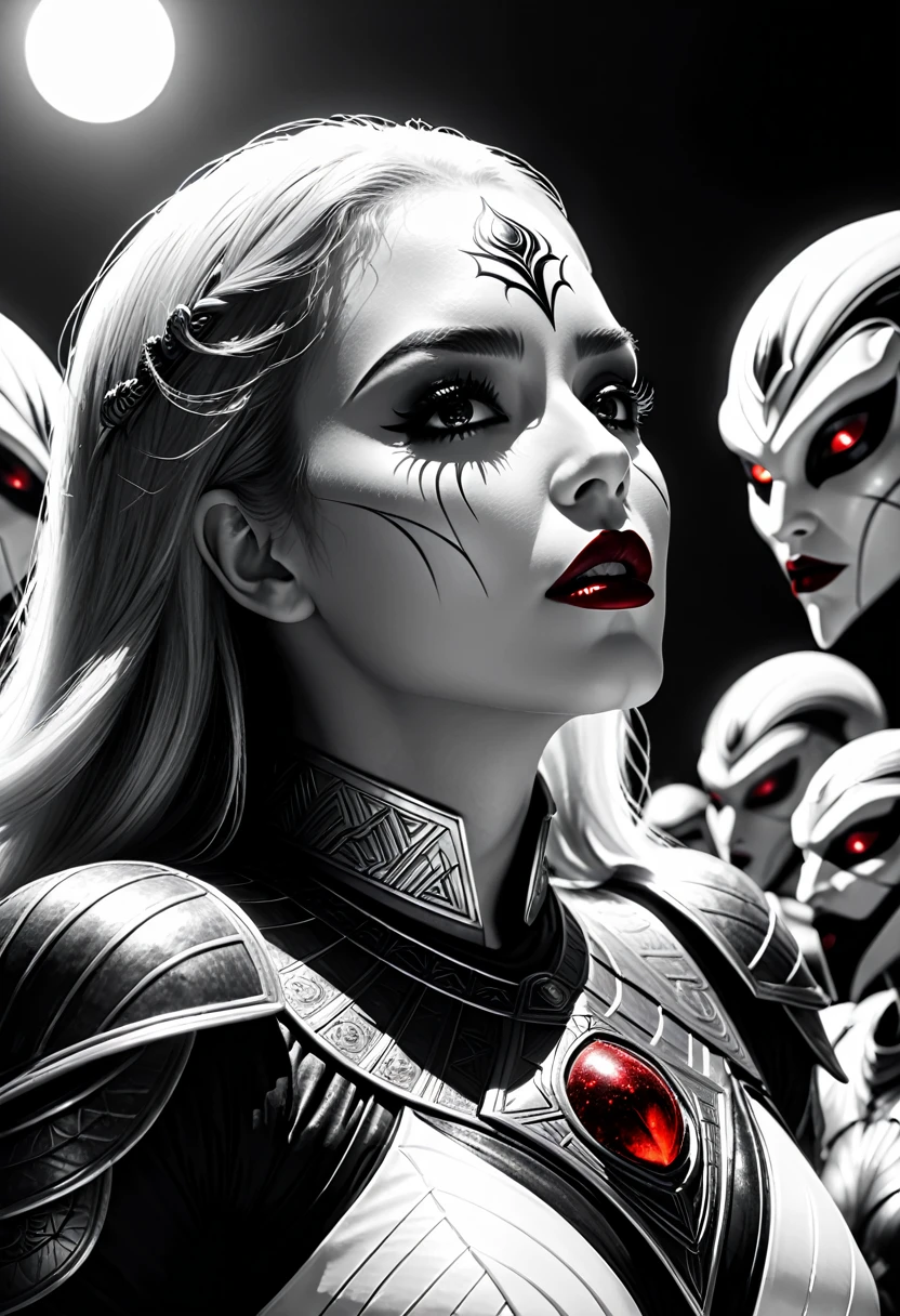 Slayer of Apep, Kiss Of Death, Elara, Legacy of the Red Sun, Drowning, The Sinner, Death, The Eaters of Mars, Black and white, The Blackest Eyes, 4k, High Definition, Anamorphic Shot, Detailed, Anamorphic --ar 39:1