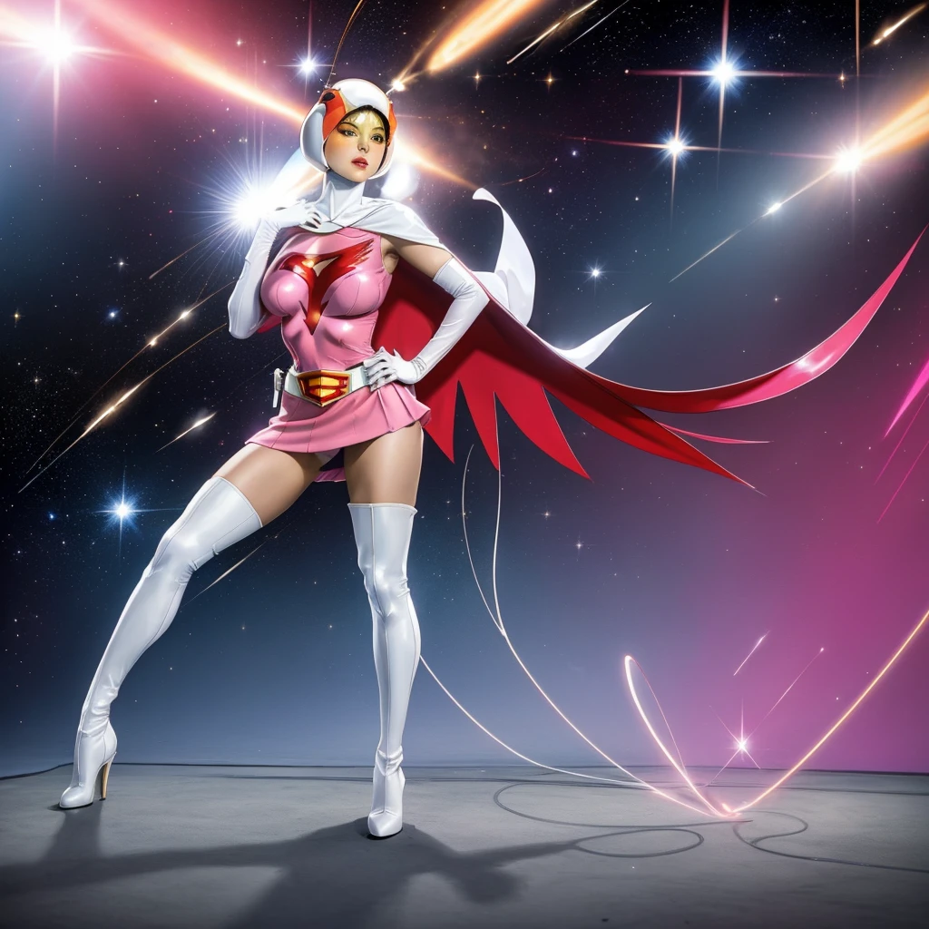 ANI_CLASSIC_jun_gatchaman_ownwaifu,1girl, yo,good anatomy, masterpiece, best quality,realistic, hyper realistic, 16k hdr, long hair,breasts,lips,large breasts,lipstick,makeup,gloves,cape,helmet,belt,elbow gloves,white gloves,mask,ultra miniskirt,leotard,spacesuit,white tight overknee highheels boots,pink dress,superhero,bodysuit,cleavage,erected nipples,(stand pose,hands on hip),(spread legs:1.1),cameltoe