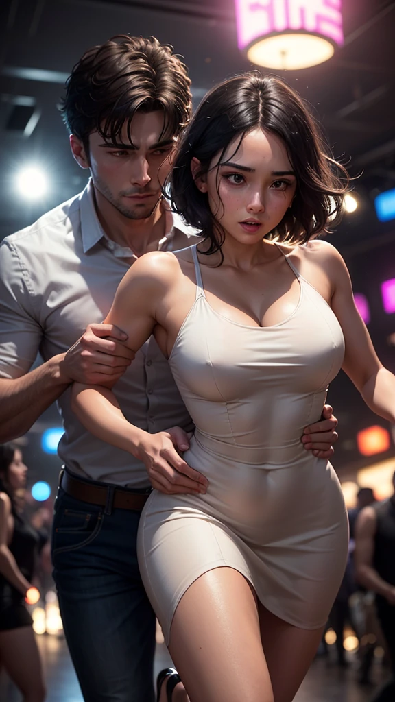 "Create a realistic illustration of a 25-year-old couple running quickly out of a nightclub, holding hands, looking like they are fleeing or hiding from someone. The man has short hair and is wearing a dress shirt and jeans. The woman has dark hair, an indigenous skin tone, a fuller body, is approximately 160 cm tall, and weighs 85 kg, wearing an elegant dress. The nightclub is filled with colorful lights and people dancing in the background. The lighting should reflect the lively atmosphere of the club, with flashing lights and a vibrant ambiance, emphasizing the urgency and tension of the couple running quickly."