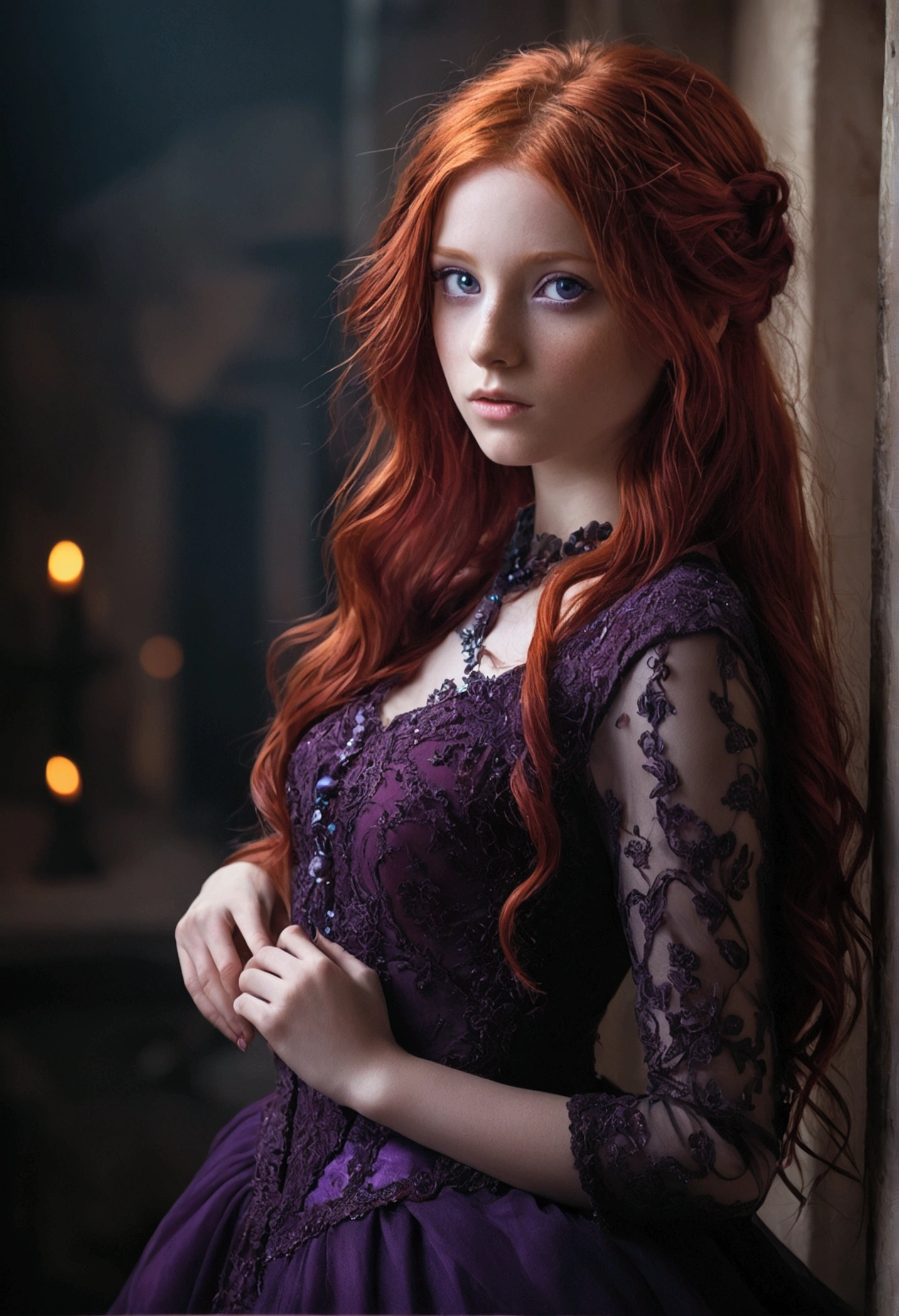 Girl red hair purple eyes full body