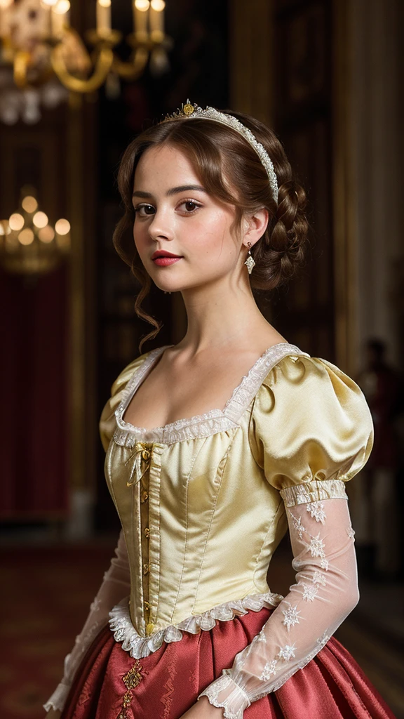 (best quality, 10k high res, masterpiece:1.2), ultra-detailed, (photo-realistic:1.37), ((best quality)), ((masterpiece)), (detailed), ((Jenna Coleman as a refined aristocratic lady from the Elizabethan era standing in a grand stately hall in brilliant sunshine)), ((enigmatic smile)), perfect eyes, ((beautiful high gloss shiny oiled skin)), ((Spectacular lemonyellow satin and white lace Elizabethan gown)), ((Elizabethan era hair and make-up)), ((blushed red cheeks)), ((light red lips)), ((full-length body)), side view, Elizabethan era hairstyle and make-up,