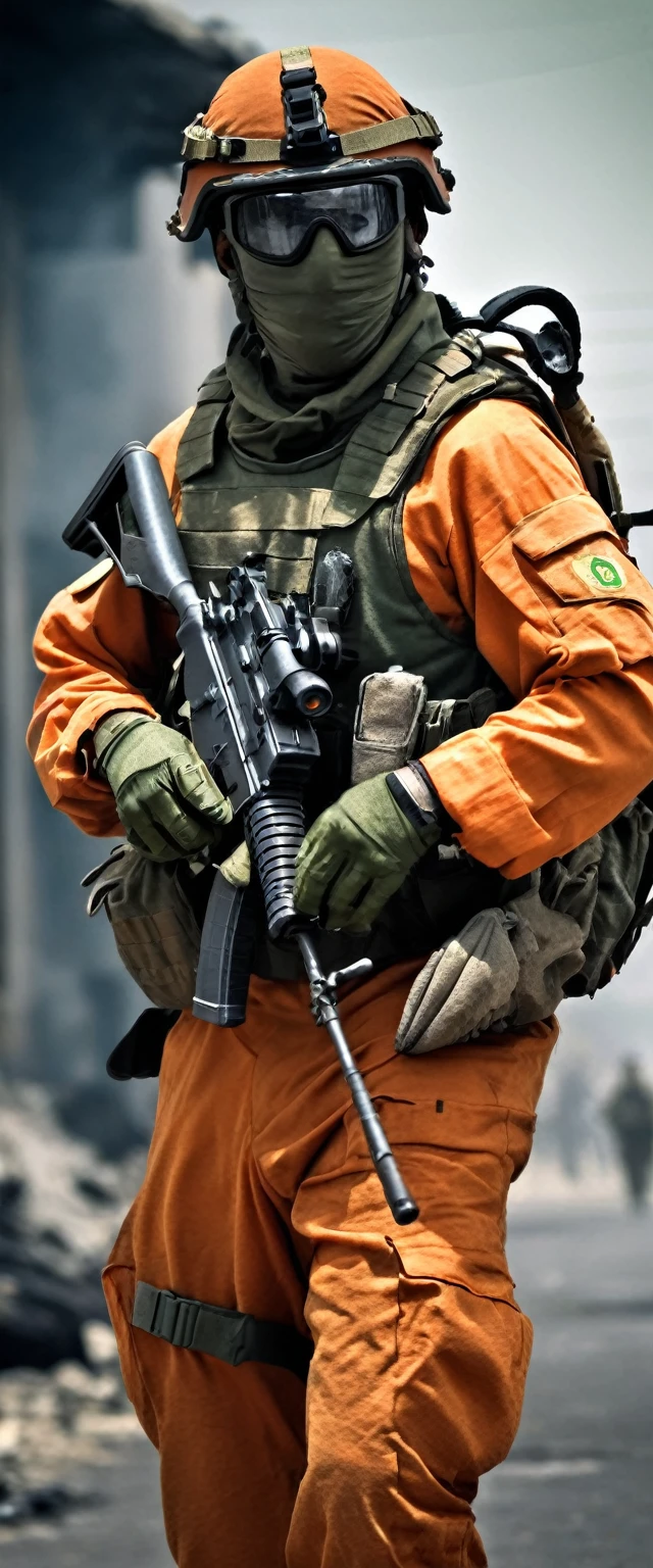 (best quality,high resolution,Extremely detailed,Practical:1.2),Brazilian soldiers wearing orange anti-nuclear suits,Holding AK47,Urban Warfare,Bulletproof vest,Military Helmets,Olive green camouflage uniform,Sturdy boots,Coat of arms of Brazil,Multi-pocket tactical vest,Night Vision Goggles,Tactical gloves,Fighting Stance,Serious expression,Sweating in the heat,region,Destroyed buildings,smoke and dust in the air,Devastated cityscape,sunburnt skin,Beads of sweat appeared on the soldier&#39;s forehead.,Tension and anticipation,Clear focus,Dynamic Synthesis,Artistic Lighting,Bright colors,Rough texture,War Photography