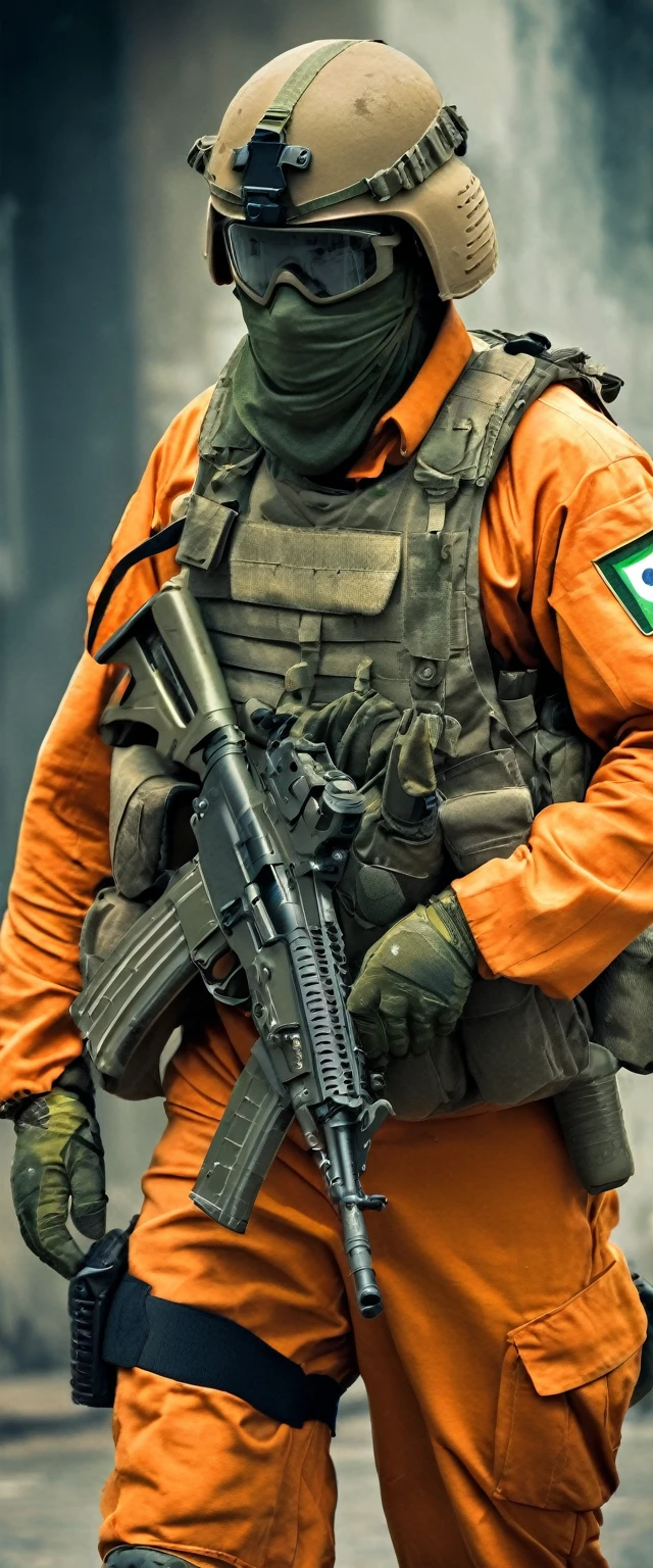 (best quality,high resolution,Extremely detailed,Practical:1.2),Brazilian soldiers wearing orange anti-nuclear suits,Holding AK47,Urban Warfare,Bulletproof vest,Military Helmets,Olive green camouflage uniform,Sturdy boots,Coat of arms of Brazil,Multi-pocket tactical vest,Night Vision Goggles,Tactical gloves,Fighting Stance,Serious expression,Sweating in the heat,region,Destroyed buildings,smoke and dust in the air,Devastated cityscape,sunburnt skin,Beads of sweat appeared on the soldier&#39;s forehead.,Tension and anticipation,Clear focus,Dynamic Synthesis,Artistic Lighting,Bright colors,Rough texture,War Photography