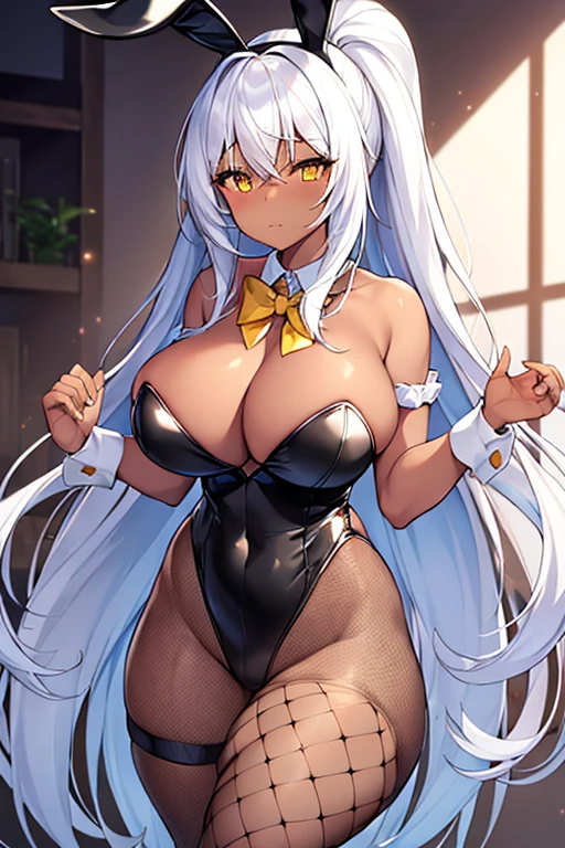 1girl, white hair, long hair, dark-skinned female, dark skin, yellow eyes, breasts, huge breasts, bowtie, wide hips, thick thighs, fishnets, bunnysuit, leotard, white bunnysuit, shy, timid, wavy mouth, ponytail, yellow trim, fishnet, fishnet pantyhose, fishnet legwear, gold trim