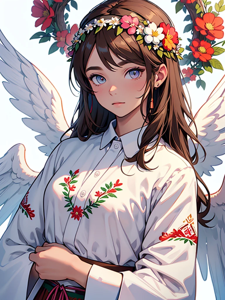 MAKE A CHARACTER SO I SAY DON'T ADD ANYTHING Face: Colored in the colors of the Moldova flag (BLUE, yellow, red) with a coat of arms in the center of the forehead.
eyes: Big and white.
Headdress: Floral wreath with flowers of different colors.
cloth: Traditional Moldavian embroidered shirt in white with red embroidery.
wings: Brown wings, like an angel.
details: Pink headband.
This character should convey the national symbols and traditional clothing of Moldova.