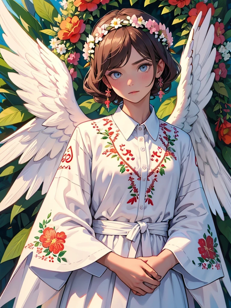 MAKE A CHARACTER SO I SAY DON&#39;T ADD ANYTHING Face: Colored in the colors of the Moldova flag (BLUE, yellow, red) with a coat of arms in the center of the forehead.
eyes: Big and white.
Headdress: Floral wreath with flowers of different colors.
cloth: Traditional Moldavian embroidered shirt in white with red embroidery.
wings: Brown wings, like an angel.
details: Pink headband.
This character should convey the national symbols and traditional clothing of Moldova.