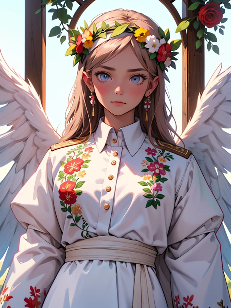 MAKE A CHARACTER SO I SAY DON'T ADD ANYTHING Face: Colored in the colors of the Moldova flag (BLUE, yellow, red) with a coat of arms in the center of the forehead.
eyes: Big and white.
Headdress: Floral wreath with flowers of different colors.
cloth: Traditional Moldavian embroidered shirt in white with red embroidery.
wings: Brown wings, like an angel.
details: Pink headband.
This character should convey the national symbols and traditional clothing of Moldova.
