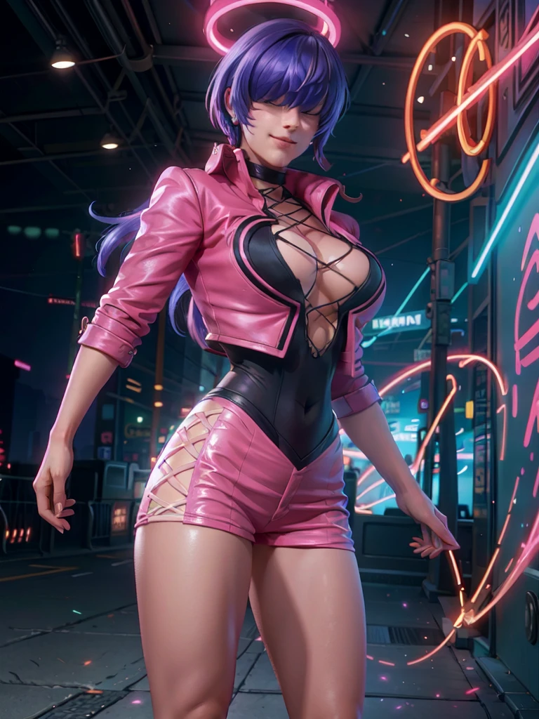 (night), in a video game scene with a neon background and a neon light,
Standing at attention,
pink suit, pink jacket, choker, neckline, clothing cut, 
earrings,
 purple hair, eyes completely covered by hair bangs ((hair over eyes)),
1 girl, 20 years old, Young woman, Beautiful finger, Beautiful long legs, Beautiful body, Beautiful nose, Beautiful character design, perfect face,
looking at viewer (focusing on his face), mouth closed, Light_Smile,
official art, extremely detailed CG unity 8k wallpaper, perfect lighting, colorful, bright front lighting, shiny skin,
(masterpiece: 1.0), (best_quality: 1.0), ultra-high resolution, 4K, ultra-detailed,
photography, 8K, HDR, high resolution, absurdities:1.2, Kodak portra 400, film grain, blurred background, bokeh:1.2, lens flare, (vibrant_color:1.2), professional photography,
(Beautiful, breasts: 1.4), (beautiful_face: 1.5), (narrow_waist),