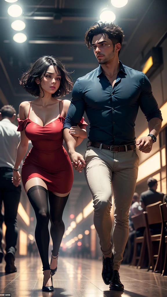 "Create a realistic illustration of a 25-year-old couple running quickly out of a nightclub, holding hands, looking like they are fleeing or hiding from someone. The man has short hair and is wearing a dress shirt and jeans. The woman has dark hair, an indigenous skin tone, a fuller body, is approximately 160 cm tall, and weighs 85 kg, wearing an elegant dress. The nightclub is filled with colorful lights and people dancing in the background. The lighting should reflect the lively atmosphere of the club, with flashing lights and a vibrant ambiance, emphasizing the urgency and tension of the couple running quickly."