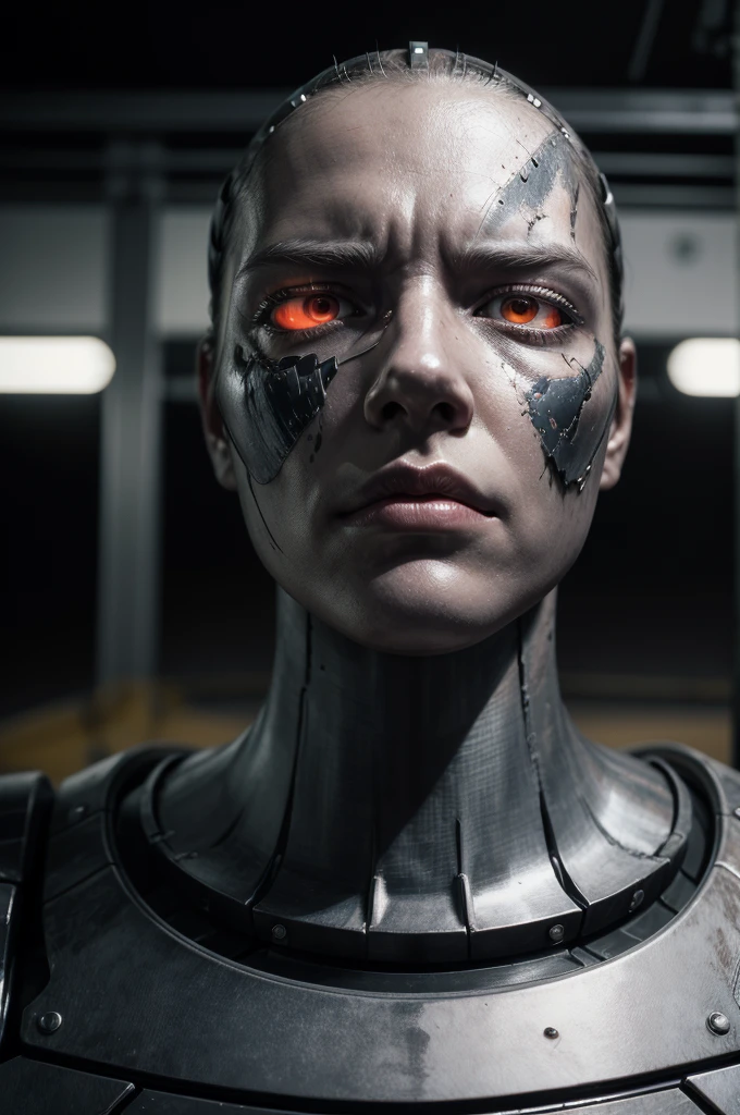 Create a hyper-realistic digital image of a close-up of a Terminator robot head. Show only the neck region upwards, with realistic details of the metal structure and mechanics of the face. Worn red eyes should have a menacing, piercing expression. Includes realistic details of the armor and metallic shielding covering the neck and lower part of the face. The background should be dark and gloomy, with a post-apocalyptic aspect, to create a threatening and tense environment around the robot.