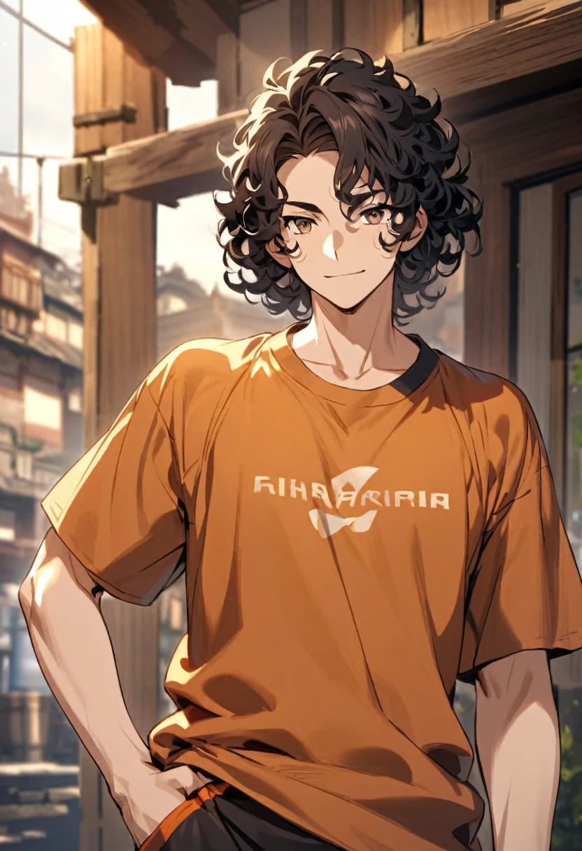 He has black curly hair, with warm brown eyes. He is of robust build and has a friendly expression.. Usually wears simple and practical clothing, such as t-shirts and sports pants.