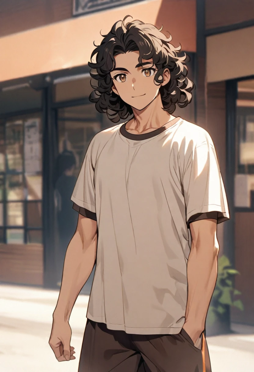 He has black curly hair, with warm brown eyes. He is of robust build and has a friendly expression.. Usually wears simple and practical clothing, such as t-shirts and sports pants.