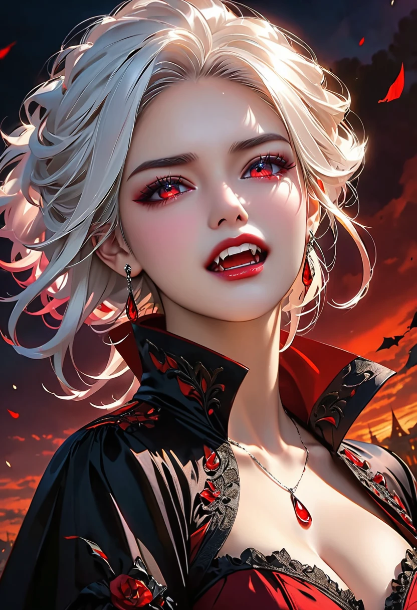 aa portrait of vampire with a bloody tear coming down from he eye, an exotic beautiful female vampire, white hair color, dynamic hair style, ultra detailed face, best detailed face, silver eye color, ((1single red teardrop: 1.3)), ((tear drop made from blood)), ((teardrop coming down from the eye: 1.3)), small cleavage, wearing two black diamond earrings, Ultra-high resolution, High Contrast, (masterpiece:1.5), highest quality, Best aesthetics), 16K fantasy art, best details, best quality, highres, (ultra wide angle: 1.2), 16k, [ultra detailed], masterpiece, best quality, (extremely detailed), ladyshadow, magical sky, crying style, vampire teeth