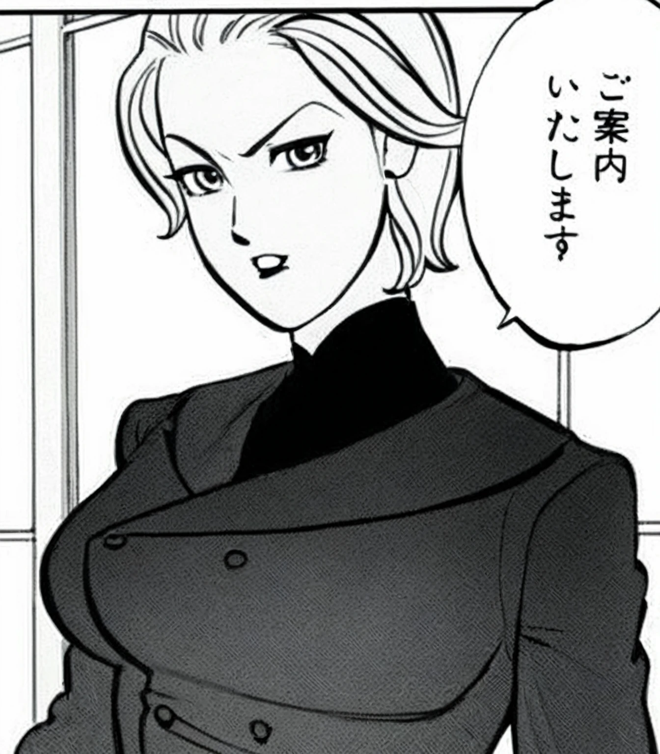 a cartoon of a woman in a suit with a speech bubble, android 18, wearing a black noble suit, female protagonist 👀 :8, delicate androgynous prince, beautiful androgynous prince, by Akira Toriyama, wearing a strict business suit, sui ishida art manga, looking like annie leonhart, kentaro miura manga art style