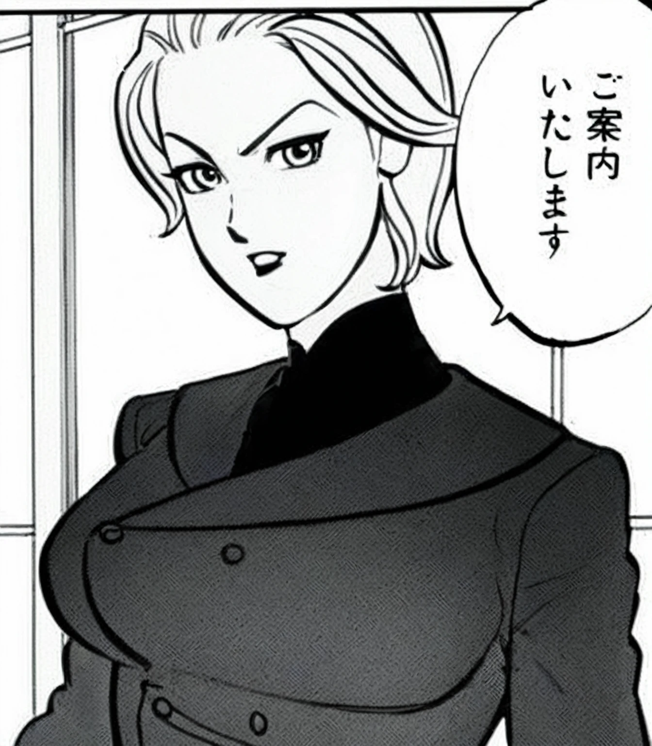a cartoon of a woman in a suit with a speech bubble, android 18, wearing a black noble suit, female protagonist 👀 :8, delicate androgynous prince, beautiful androgynous prince, by Akira Toriyama, wearing a strict business suit, sui ishida art manga, looking like annie leonhart, kentaro miura manga art style