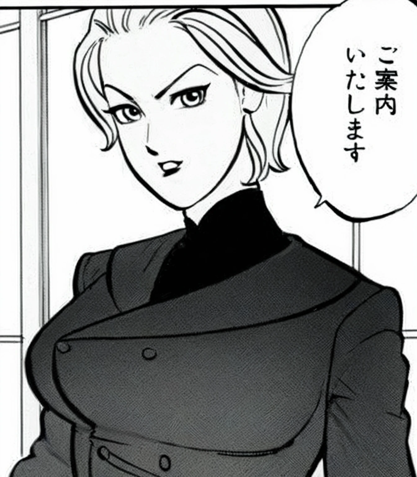 a cartoon of a woman in a suit with a speech bubble, android 18, wearing a black noble suit, female protagonist 👀 :8, delicate androgynous prince, beautiful androgynous prince, by Akira Toriyama, wearing a strict business suit, sui ishida art manga, looking like annie leonhart, kentaro miura manga art style