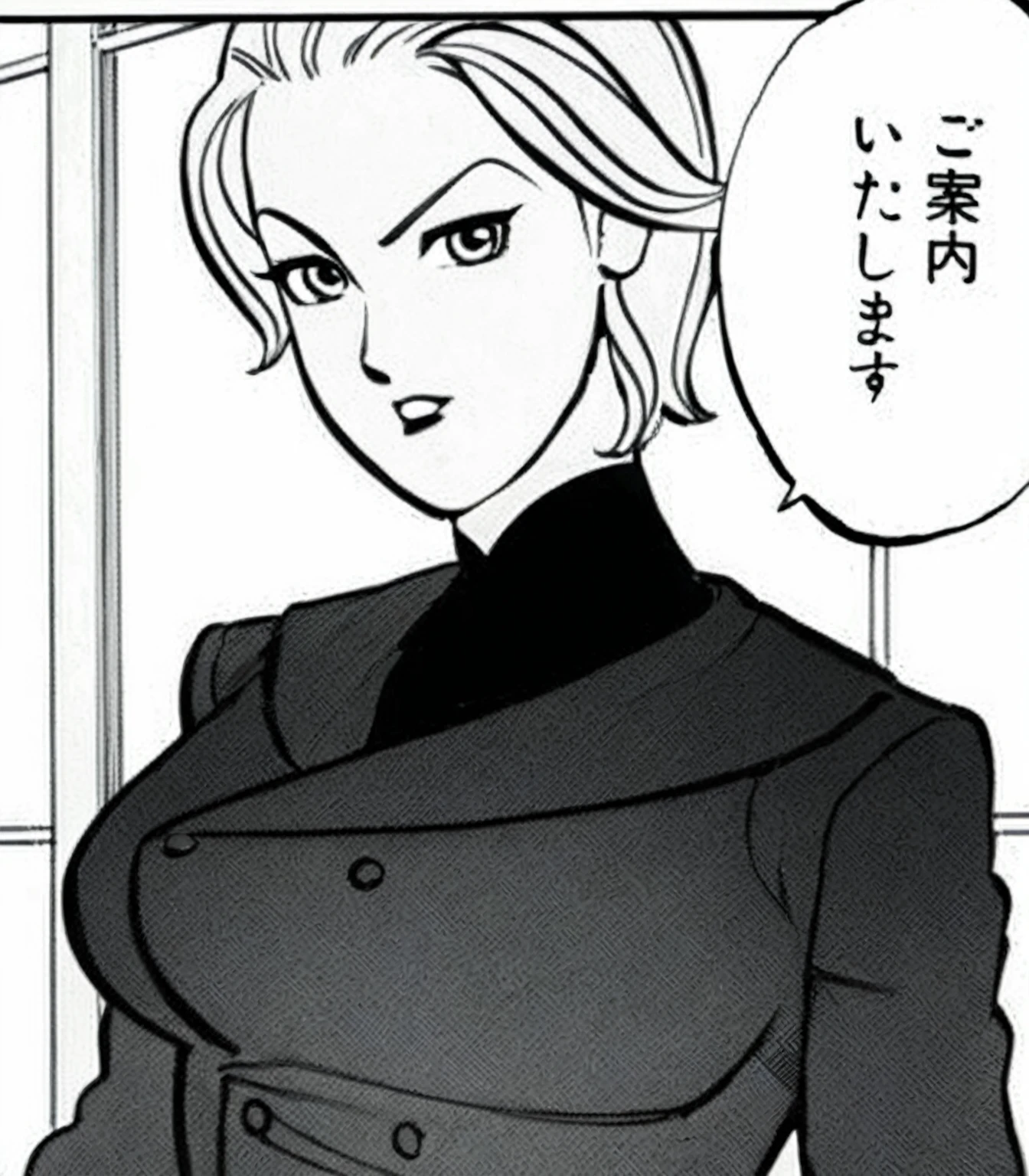 a cartoon of a woman in a suit with a speech bubble, android 18, wearing a black noble suit, female protagonist 👀 :8, delicate androgynous prince, beautiful androgynous prince, by Akira Toriyama, wearing a strict business suit, sui ishida art manga, looking like annie leonhart, kentaro miura manga art style