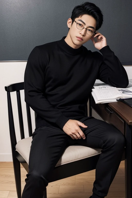 man, Asian, handsome, high, marked pectoral, short black hair side swept, with transparent lenses, wearing plain black sweater, with the erect penis on the outside, legs open, wearing black executive socks, shiny black shoes, sitting on his desk, with seductive look