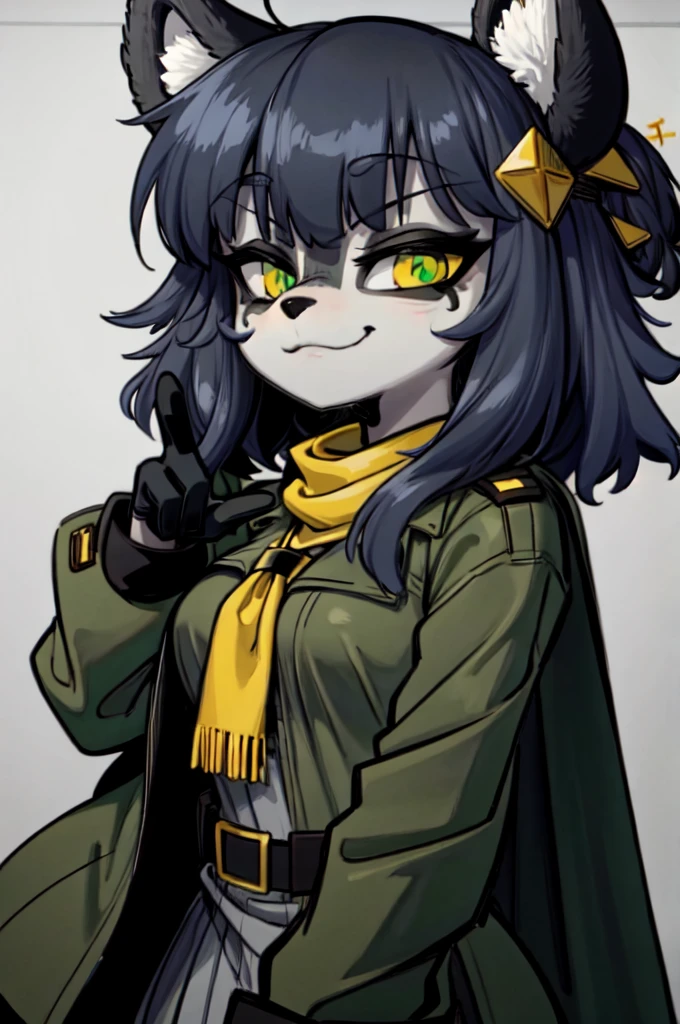 solo female,Furry,wolf,∆iden has long black hair, accessorized with a fluffy beige ushanka atop her head. She sports a green and yellow scarf, accompanied by an army green coat. A large scar appears by her right eye. It also appears she has two upward oval pointing wide eyes with her pupils being lines. Her mouth is always the same. As with her ushanka, it appears there’s a triangle crossed by two lines on it.