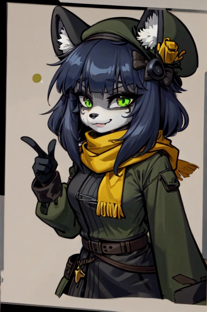 solo female,Furry,wolf,∆iden has long black hair, accessorized with a fluffy beige ushanka atop her head. She sports a green and yellow scarf, accompanied by an army green coat. A large scar appears by her right eye. It also appears she has two upward oval pointing wide eyes with her pupils being lines. Her mouth is always the same. As with her ushanka, it appears there’s a triangle crossed by two lines on it.