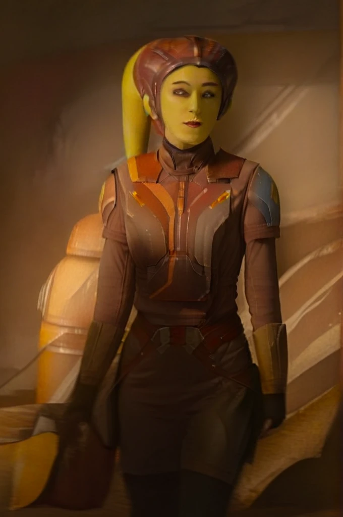 cinematic film still star wars hera syndulla sigh at tequila wolf score_9, score_8_up, score_7_up, score_6_up, score_5_up, score_4_up, ((( hera syndulla ))) wearing wearing armor , blue eyes, tentacle hair, ((( hera syndulla ))) , green skin, colored skin, facial mark, medium breasts, ((black with red trim flame dress skirt)), no pants, bare shoulders, guantlets, hip armor, skirt, pants, brown boots, solo, seductively lying on bed in her lingerie, nude ,seductive smile, looking at viewer, indoors
