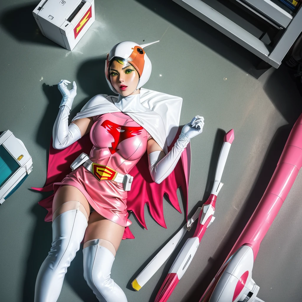 ANI_CLASSIC_jun_gatchaman_ownwaifu,1girl, , good anatomy, masterpiece, best quality, realistic, hyperrealistic, 16k hdr, breasts, green eyes, lips, large breasts, lipstick, makeup, gloves, cape, helmet, belt, elbow gloves, white gloves, mask, ultra miniskirt, leotard, spacesuit, white tight overknee highheels boots, pink dress, superhero,bodysuit,(lying flat poses, view from above)