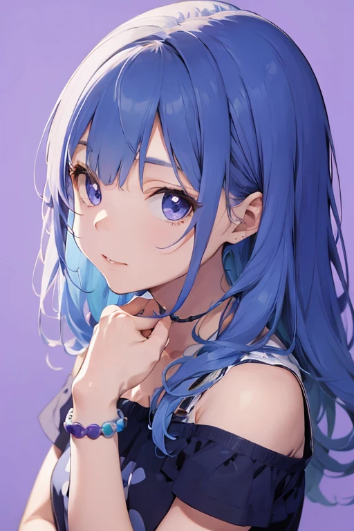 Melissa blue and purple colored hair, pastel tones. making colorful bracelets. Clear background without image.