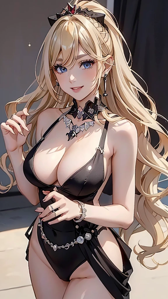 (((masterpiece, super high resolution, ultra HD, 8K quality))), (((woman in Black evening dress))), (((See-through revealing dress))), (((blonde pony tail hair, wave hair))), (((beautiful sparkling blue eyes, pupils with highlights))), ((long bangs)), pink lips, sexy expression, ((highly detailed)), (perfectly detailed face), (detailed and carefully drawn hands), (((very Big Tits, cute smile))), photorealistic image, silver tiara and earrings, pearl necklace, jade bangle, diamond ring, Beautiful figure from the knees up, standing, beautiful pose
