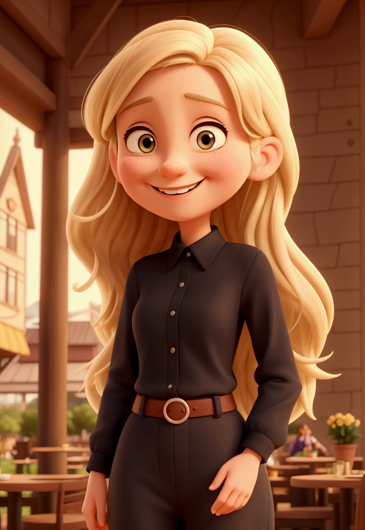 Cartoon style woman, pixar, a wide, warm smile. She has long, blonde hair, that fall softly on your shoulders. She is wearing a black long-sleeved blouse. The woman is in an outdoor environment, probably in a cafe or restaurant, with a relaxed and illuminated atmosphere in the background. Her expression is one of joy and happiness, transmitting a feeling of well-being and positivity.