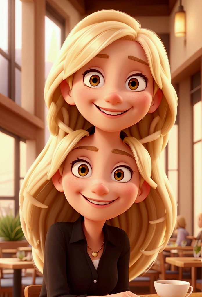 Cartoon style woman, pixar, a wide, warm smile. She has long, blonde hair, that fall softly on your shoulders. She is wearing a black long-sleeved blouse. The woman is in an outdoor environment, probably in a cafe or restaurant, with a relaxed and illuminated atmosphere in the background. Her expression is one of joy and happiness, transmitting a feeling of well-being and positivity.