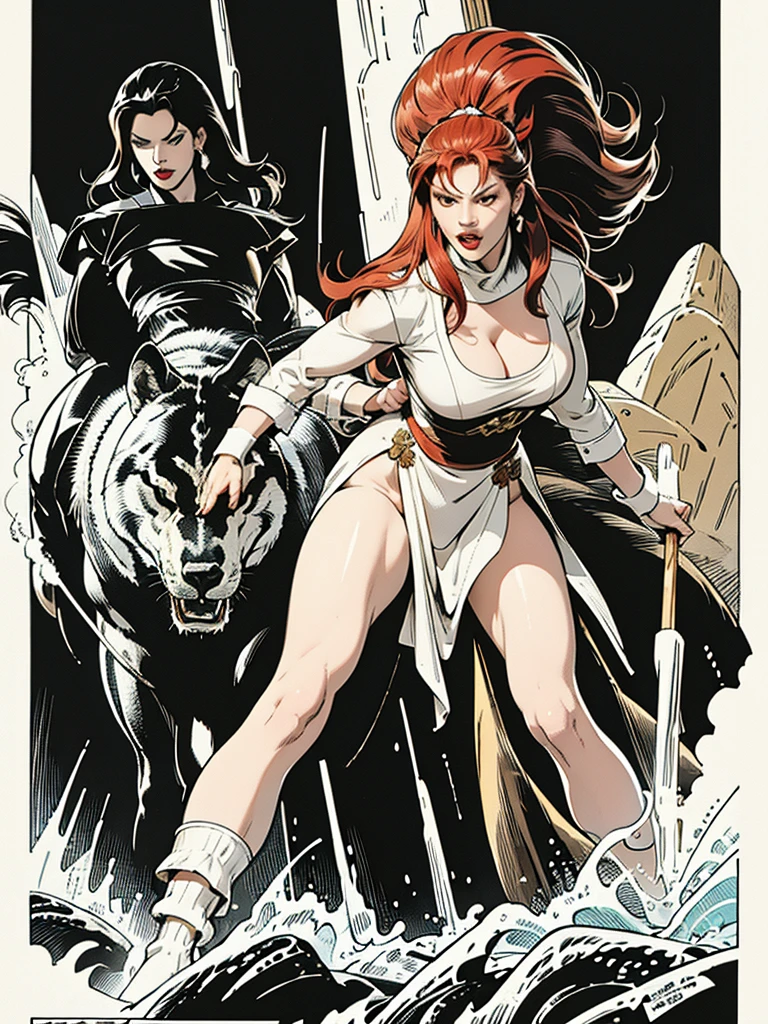 2lady, Kneel down, Back,Stretch your legs,foot,foot趾,Red Hair,Sexy,Nude Jersey, Holding a long sword,Side breast, Sexy的大腿,大wave发,Holding a spear,The fox is nearby,Delicate face, black eyes, A faint smile, become a, Large Breasts, Moonlit sky,Sky background at night,Ocean,wave,Rose