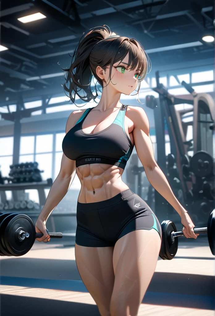 ((Best quality, 8K, masterpiece:1.5)), (anime style, ultra-detailed, vibrant colors:1.4),
1 anime girl, large expressive green eyes, long flowing dark hair tied in a ponytail,
slim waist, toned athletic body, 
camera angle from the side showing full body, 
wearing a tight sports bra and short athletic shorts, 
confident stance, lifting a dumbbell with one hand,
((large chest:1.3), narrow waist, muscular yet feminine legs, toned abs)),
background: modern gym, bright lighting, equipment in the background, 
dynamic lighting, professional composition, ultra-textured skin and hair,
highly detailed facial features, eyes reflecting light, soft shadows, 
realistic hair strands, delicate highlights on the skin,
focus on the character with slightly blurred background