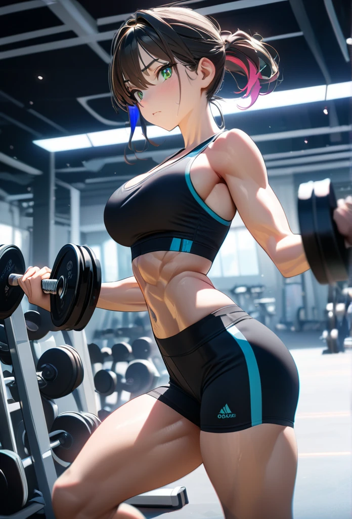 ((Best quality, 8K, masterpiece:1.5)), (anime style, ultra-detailed, vibrant colors:1.4),
1 anime girl, large expressive green eyes, long flowing dark hair tied in a ponytail,
slim waist, toned athletic body,
camera angle from the side showing full body,
wearing a tight sports bra and short athletic shorts,
confident stance, lifting a dumbbell with one hand,
((large chest:1.3), narrow waist, muscular yet feminine legs, toned abs)),
background: modern gym, bright lighting, equipment in the background,
dynamic lighting, professional composition, ultra-textured skin and hair,
highly detailed facial features, eyes reflecting light, soft shadows,
realistic hair strands, delicate highlights on the skin,
focus on the character with slightly blurred background