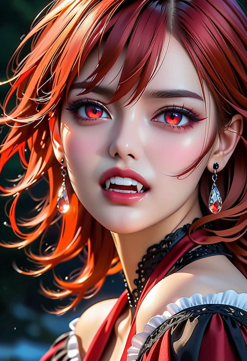 aa portrait of vampire with a bloody tear coming down from he eye, an exotic beautiful female vampire, red hair color, dynamic hair style, ultra detailed face, best detailed face, silver eye color, ((1single red teardrop: 1.3)), ((tear drop made from blood)), ((teardrop coming down from the eye: 1.3)), small cleavage, wearing two black diamond earrings, Ultra-high resolution, High Contrast, (masterpiece:1.5), highest quality, Best aesthetics), 16K fantasy art, best details, best quality, highres, (ultra wide angle: 1.2), 16k, [ultra detailed], masterpiece, best quality, (extremely detailed), ladyshadow, magical sky, crying style, vampire teeth