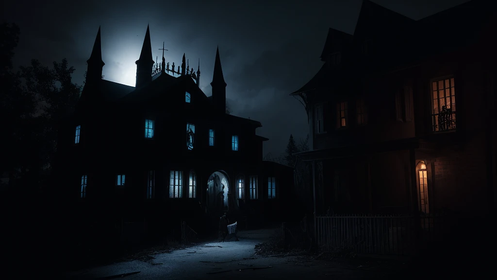 Finally, after what felt like an eternity, the teenagers managed to find a broken door and escaped from that cursed house. The scene should depict the exterior of the haunted mansion with teenagers bursting through a broken door, expressions of relief and exhaustion on their faces, and the eerie house looming behind them in the dark night.