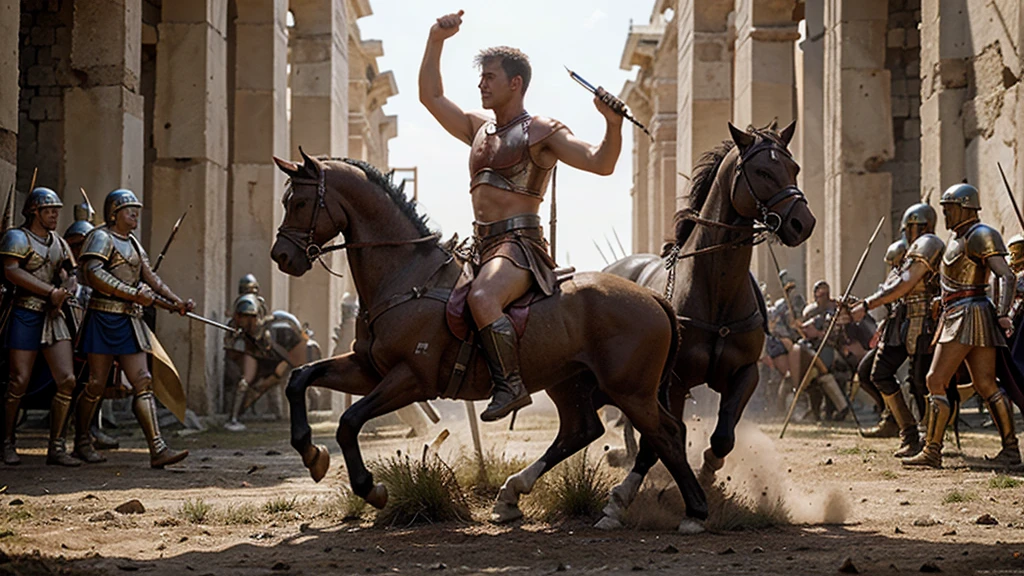 Ancient Rome. Muscular, with a carefully shaved face, no beard or mustache, a handsome, half-dressed, blond centurion of the Roman army, 45 years old. He fucks in the ass a red-haired slave boy of 18 years old, poorly dressed, who is in love with him. . there is joy and pleasure on the centurion's face
