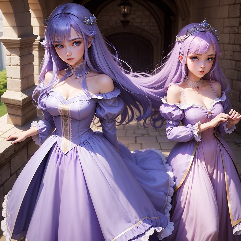 princess in a castle. Jet-colored hair, blue eyes and a lilac dress.