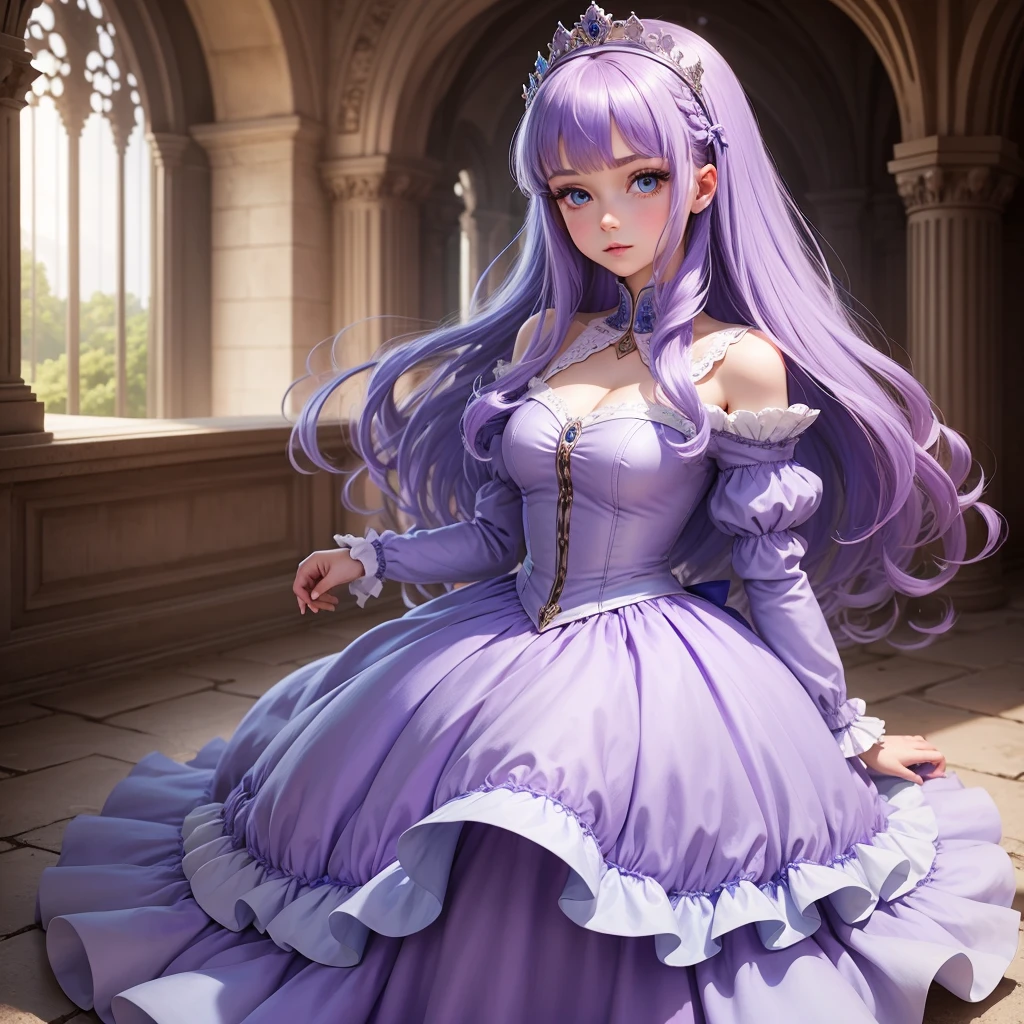 princess in a castle. Jet-colored hair, blue eyes and a lilac dress.

