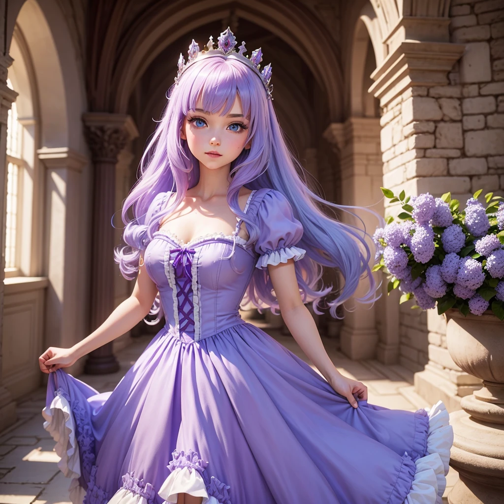 princess in a castle. Jet-colored hair, blue eyes and a lilac dress.