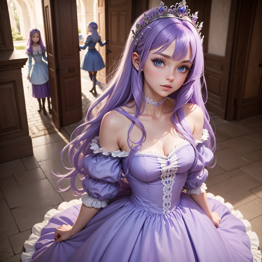 princess in a castle. Jet-colored hair, blue eyes and a lilac dress.