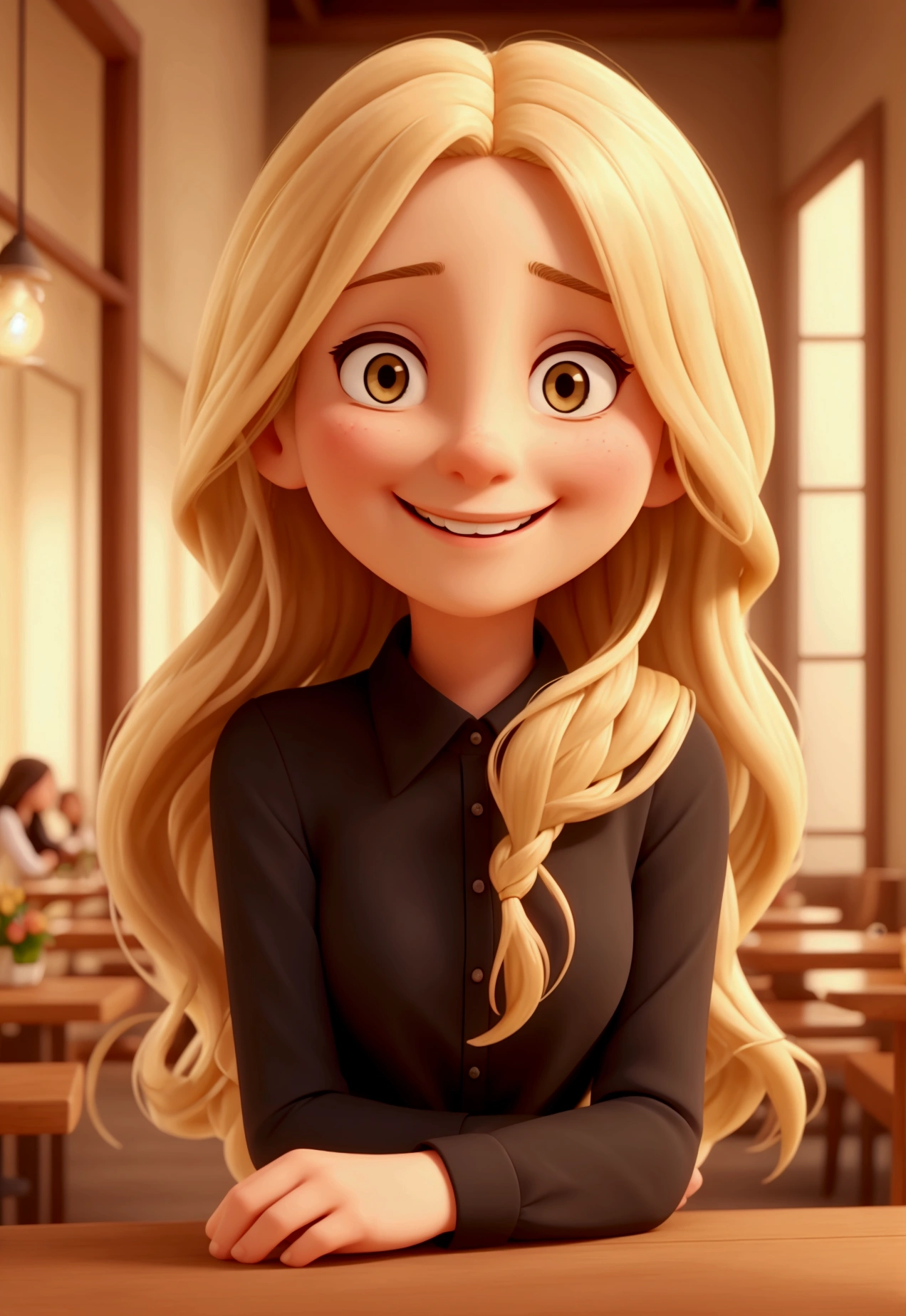 a woman with a wide, warm smile. She has long, blonde hair, that fall softly on your shoulders. She is wearing a black long-sleeved blouse. The woman is in an outdoor environment, probably in a cafe or restaurant, with a relaxed and illuminated atmosphere in the background. Her expression is one of joy and happiness, transmitting a feeling of well-being and positivity.






