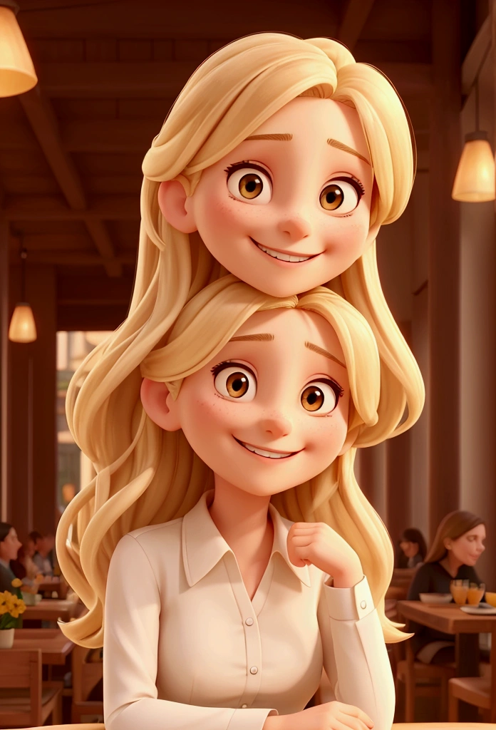 a woman with a wide, warm smile. She has long, blonde hair, that fall softly on your shoulders. She is wearing a black long-sleeved blouse. The woman is in an outdoor environment, probably in a cafe or restaurant, with a relaxed and illuminated atmosphere in the background. Her expression is one of joy and happiness, transmitting a feeling of well-being and positivity.