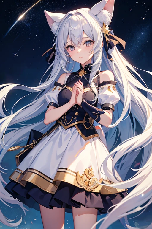 masterpiece, Highest quality, High resolution，Follow the on-screen instructions、Anime Style、Follow the prompts、One Girl、Long silver hair、、Wish、Close your eyes, clasp your hands, and bend your elbows、shooting star、Night Sky