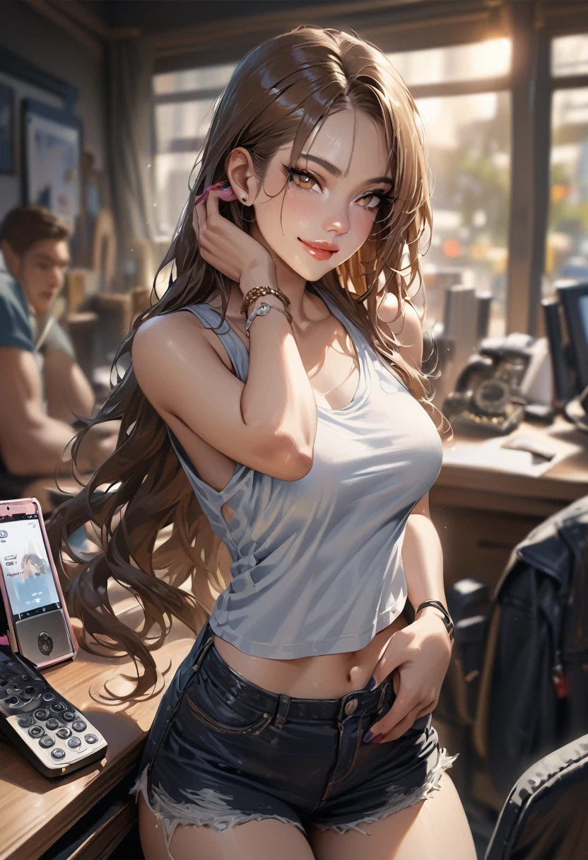 (masterpiece, Highest quality, Very detailed, High resolution, 4K),(Beautiful attention to detail),(Very detailed顔),(One girl),High resolution,Long Hair, Shorts, Telephone, Brown eyes, Brown Hair, cellTelephone, bracelet, Tank top, jewelry, clock, lips, Focus Only, Manicure, Blurred background, smile, wristclock, Realistic, Blurred, View your viewers